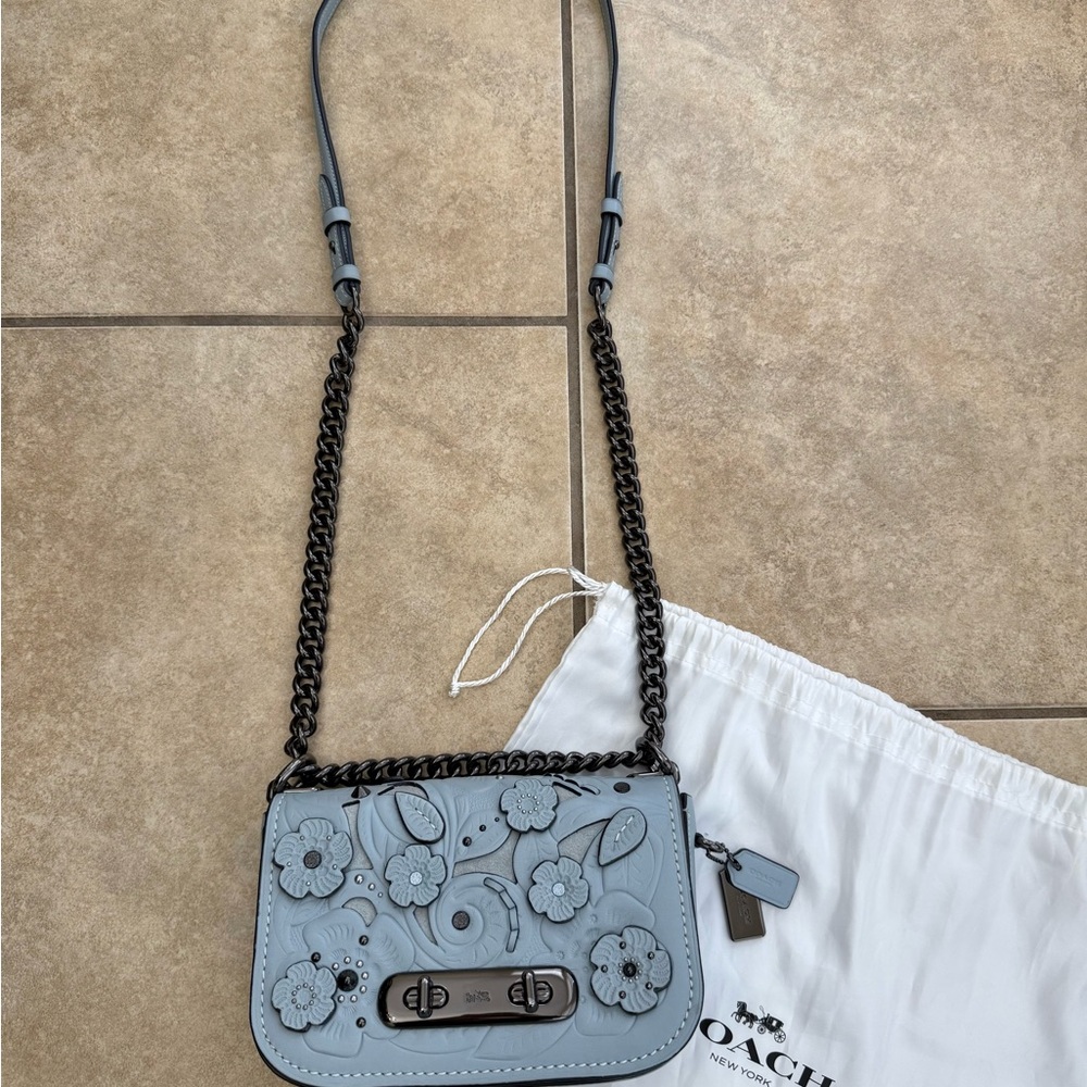 COACH Floral Embellished Blue Shoulder/ Crossbody purse - Picture 7 of 14